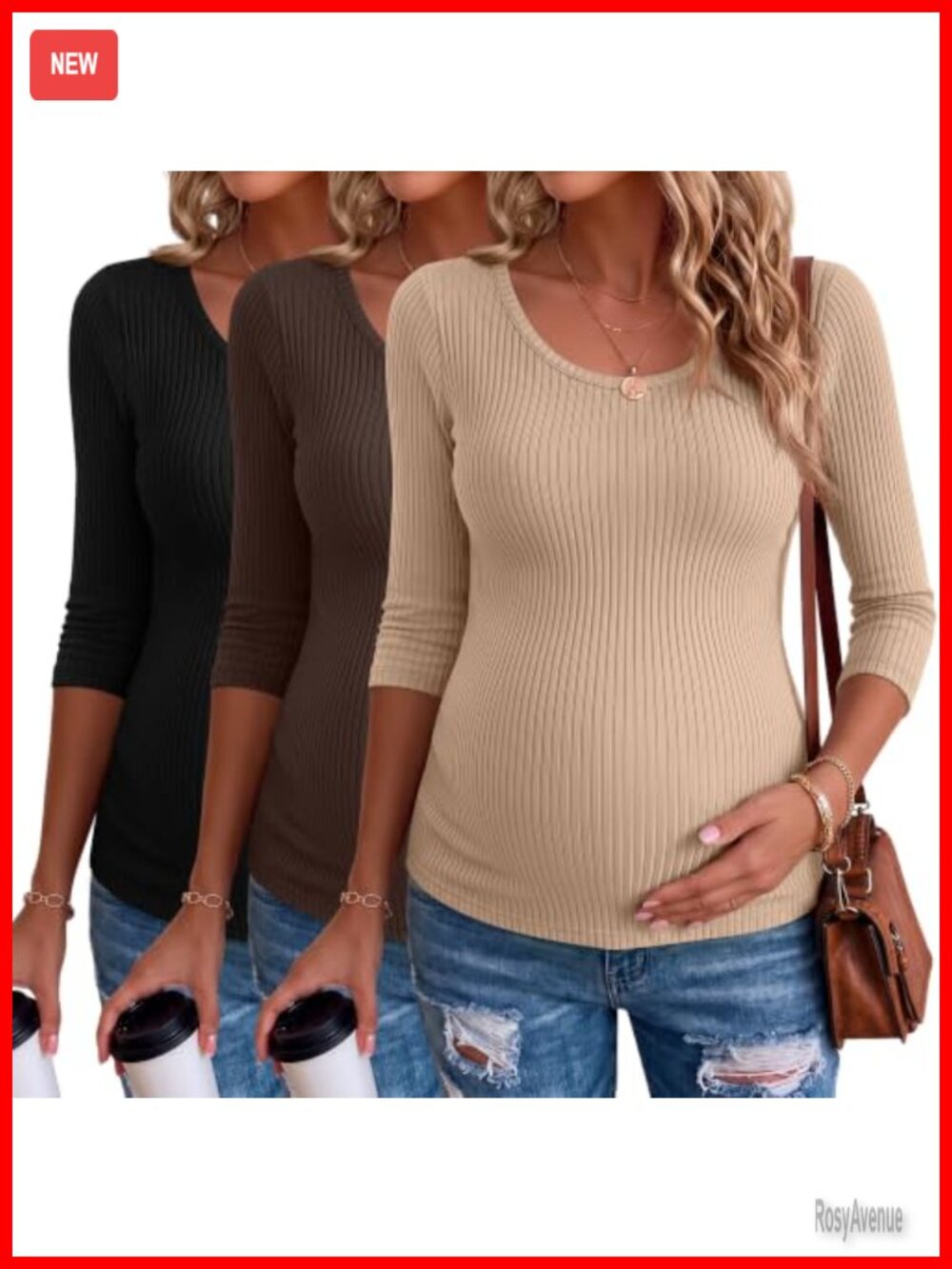 3 Pack Maternity 3/4 Sleeve Ribbed Crew Neck Tops Tees